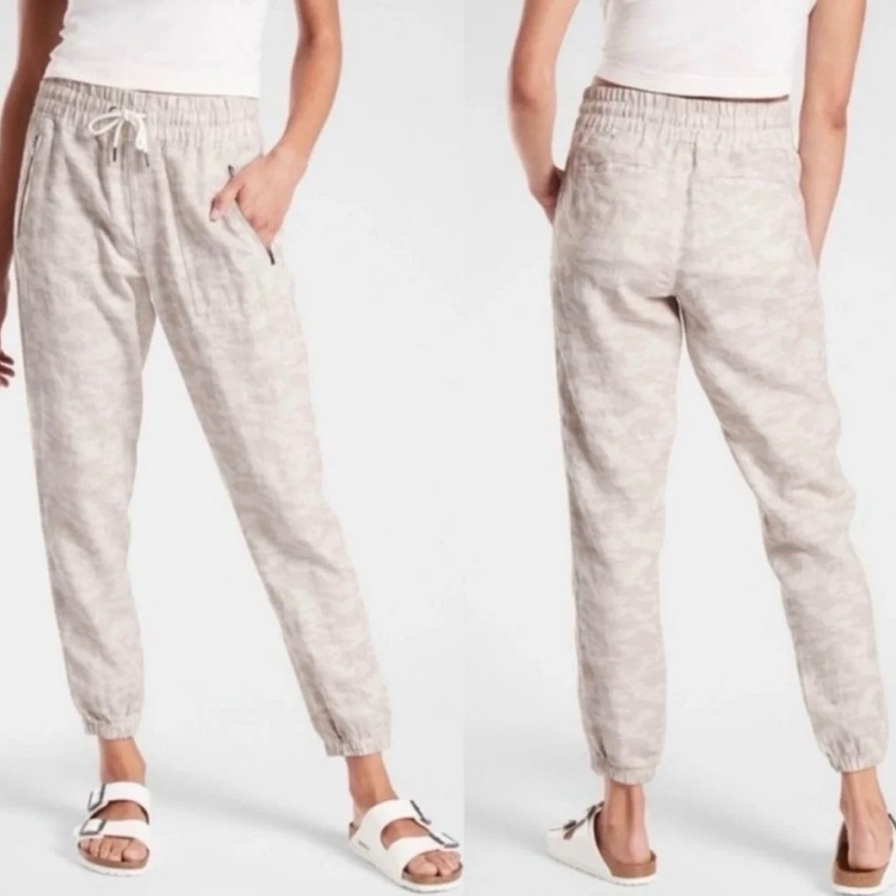 Athleta Camo Linen Joggers Cabo Pull On 8 Tall Pants Summer High Rise Tan White